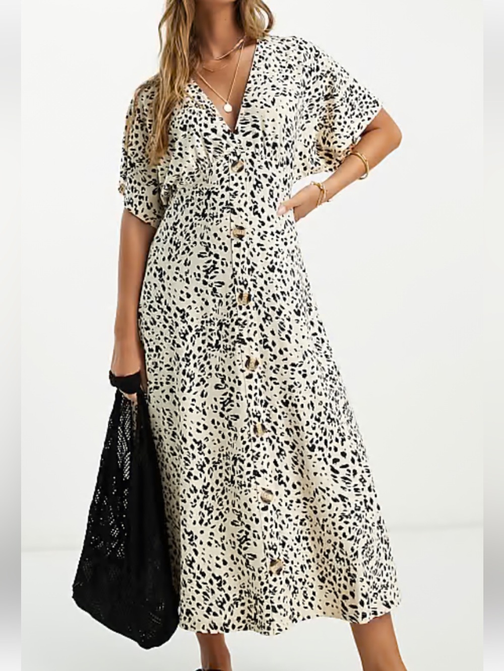 ASOS Beige midi Dress with Black Spot Print and V-Neck animal print